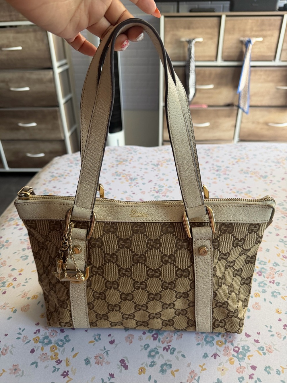 Gucci Brown & Cream GG Canvas Shoulder Tote with Leather Trim